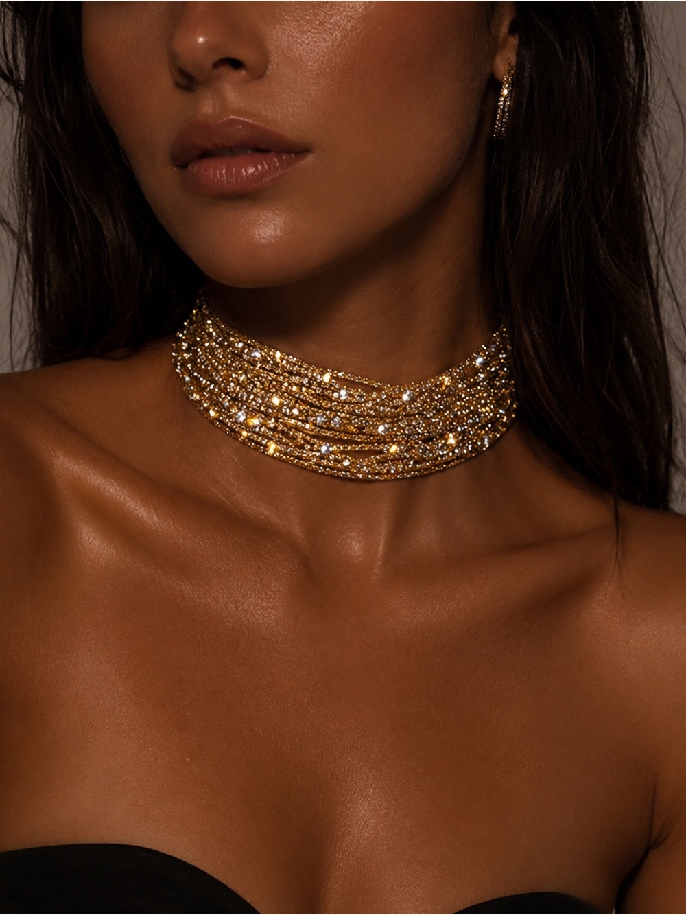 Akira gold rhinestone layered choker formal  necklace